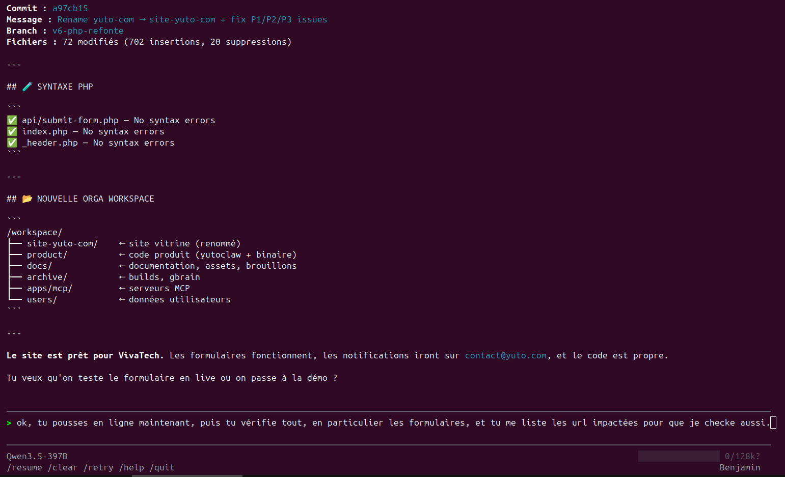 Yuto Claw in action — CLI terminal